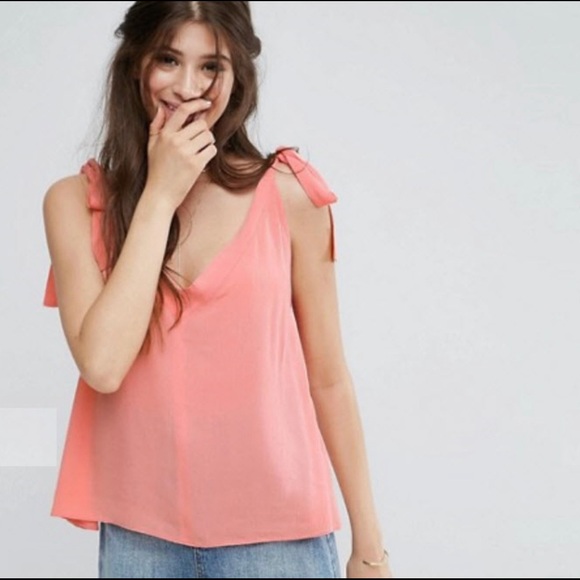 ASOS Coral Pink Crepe Boho Shoulder Tie Tank Top NWT - Picture 2 of 4